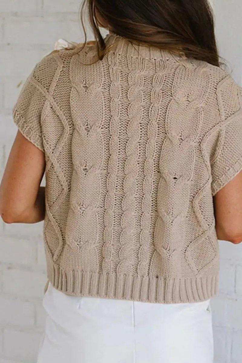 Cable-Knit Tied Mock Neck Short Sleeve Sweater - Love Salve